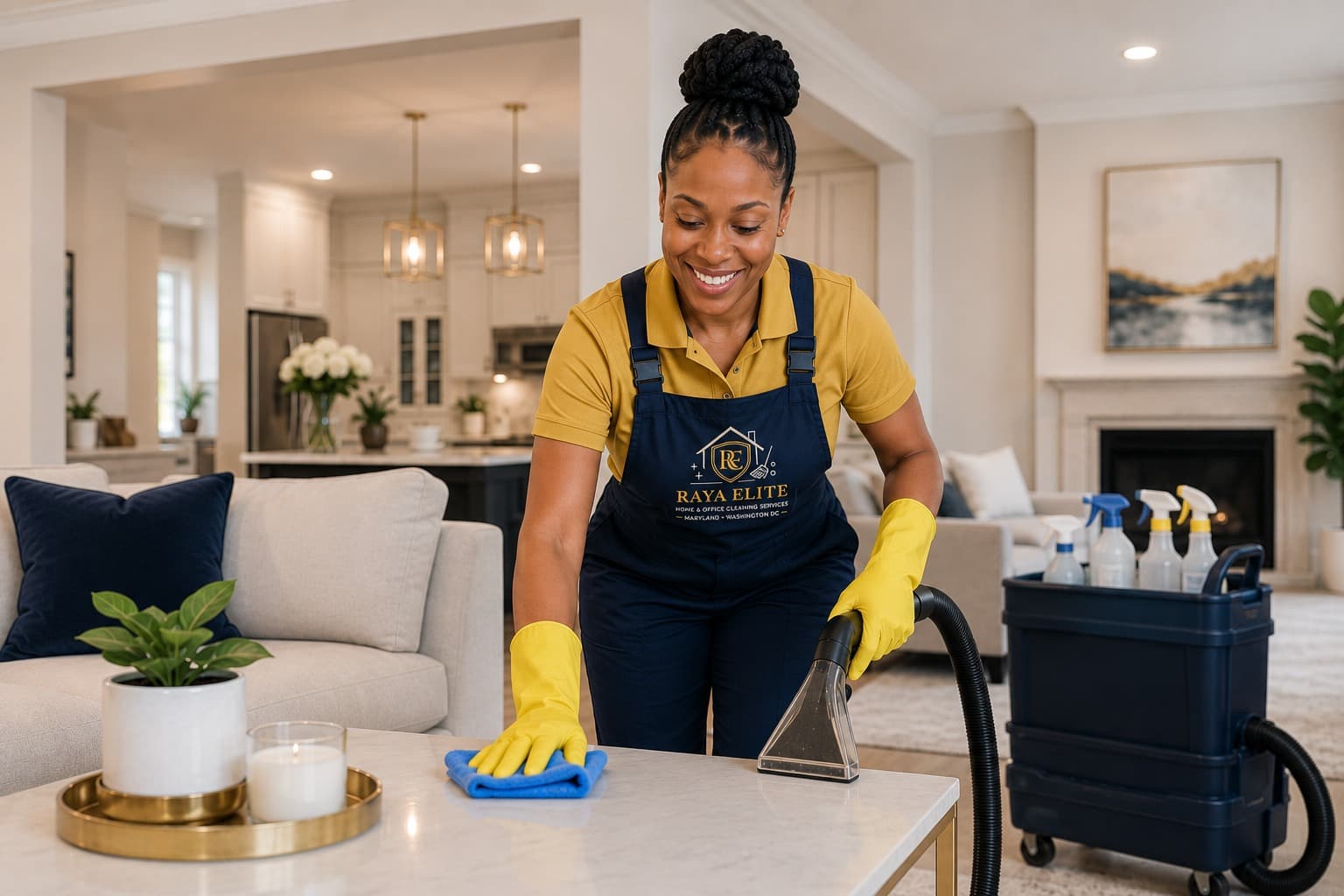 A Raya Elite cleaner detailing a living room